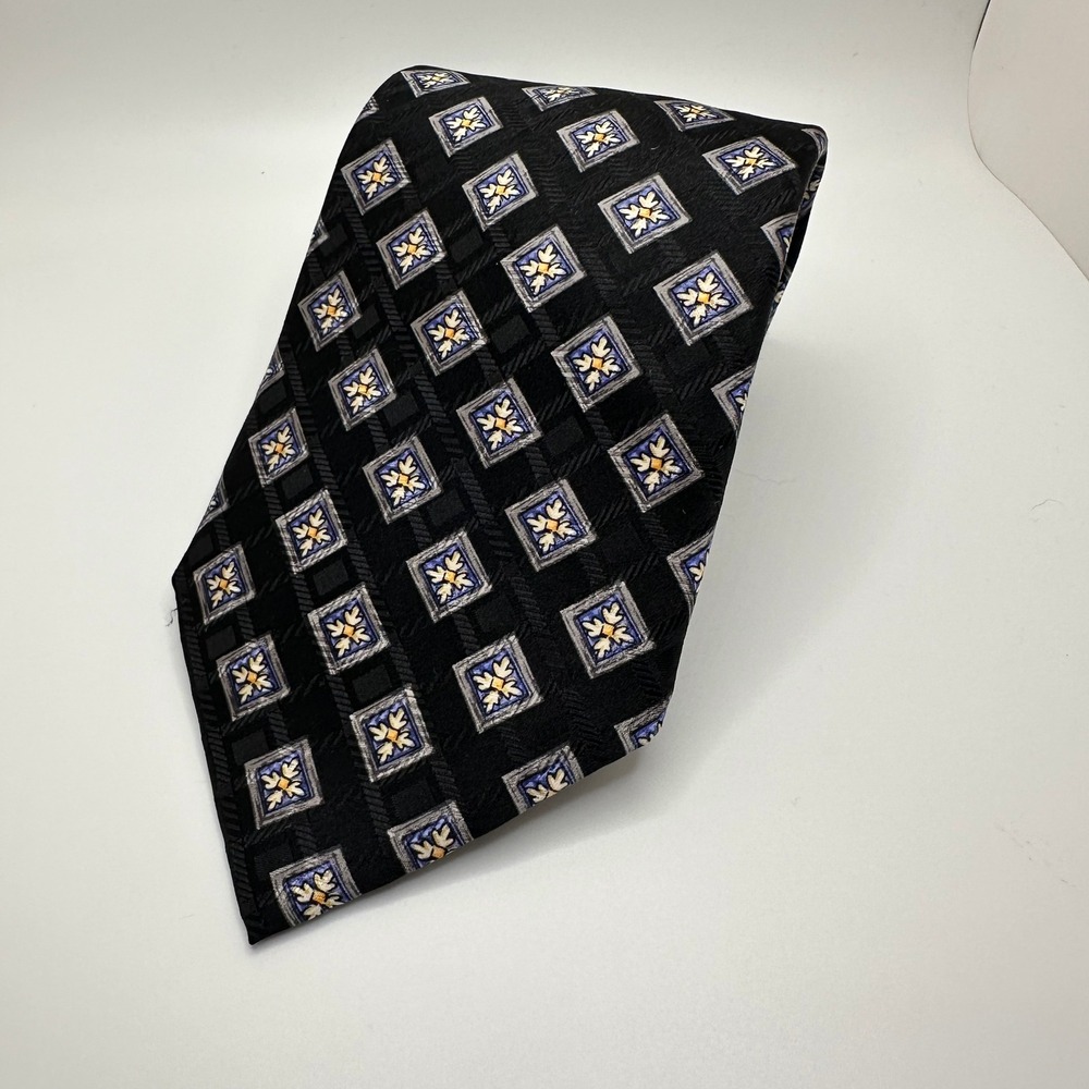 JZ Richards for Nordstrom Mens Silk Tie Black Blue Gold Geometric Medallion USA